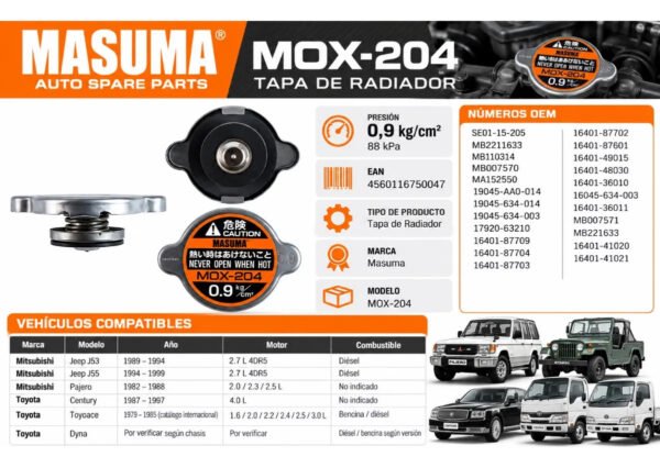 Tapa de Radiador Masuma Para Toyota Century 4.0L 1987-1997