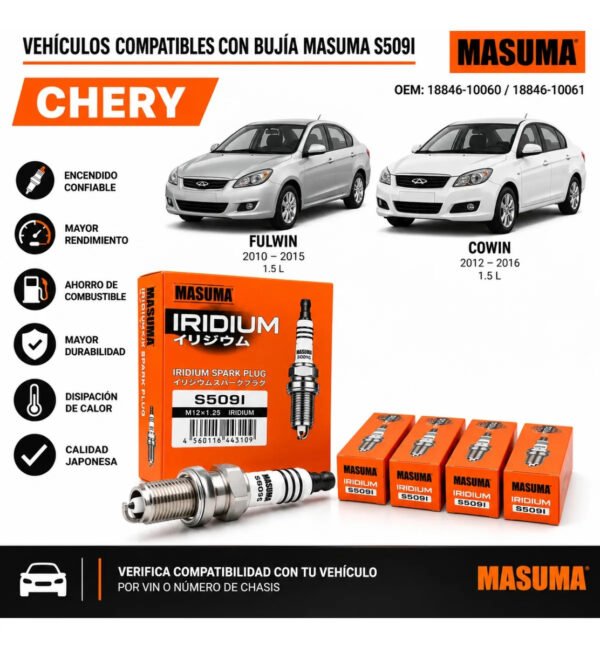 Bujías Iridio Masuma Pack 4 Para Chery Cowin 1.5L 2012–2016