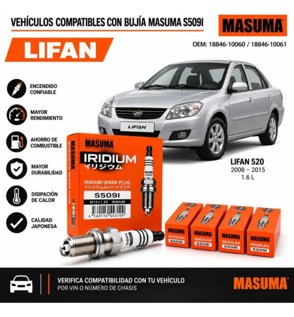 Bujías Iridio Masuma Pack 4 Para Chery Cowin 1.5L 2012–2016